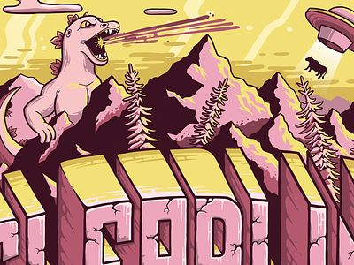 Clearlink Wall Mural - Godzilla godzilla illustration mountains pink ufo yellow