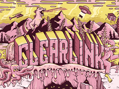 Clearlink Wall Mural bigfoot clearlink godzilla illustration mural octopus pink ufo yellow