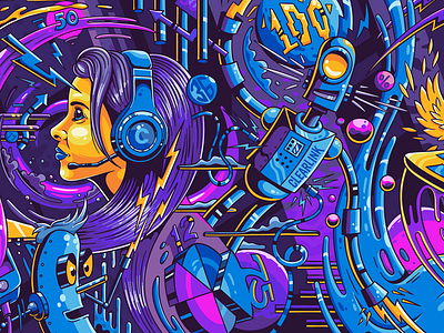 Clearlink Lobby Mural - Detail 2 fluid girl headphones illustration mural numbers robot