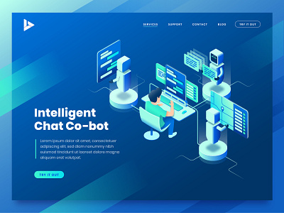 Isometric Chat-Bot Technology blue data design gradient illustration isometric landing page robot tech web