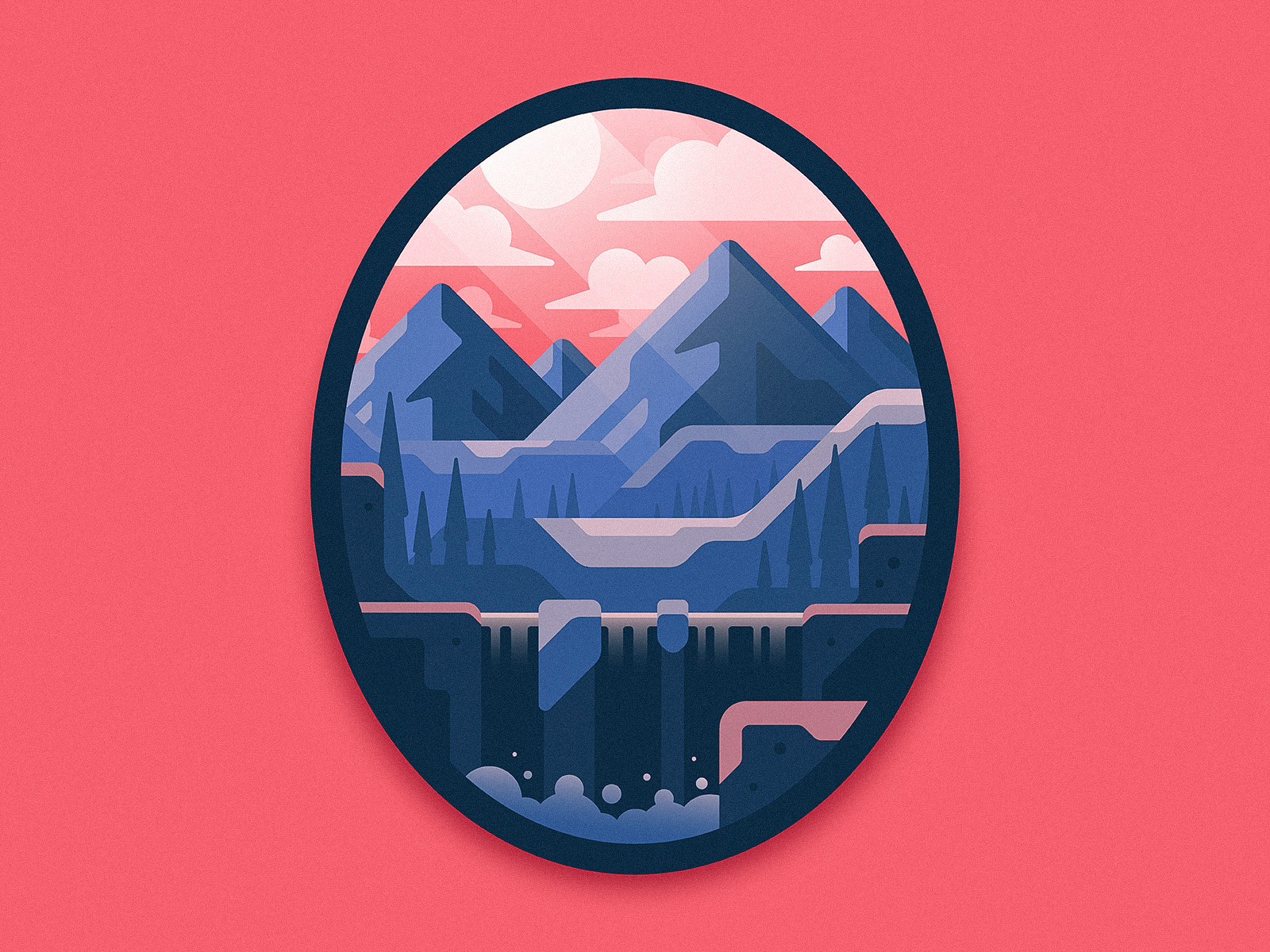 Wilderness Badge oval circle clouds design waterfall trees mountains mountain outdoors outside wilderness illustration badge patch