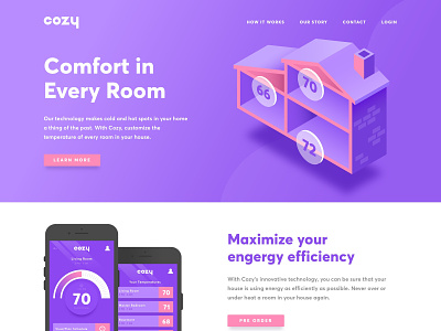 Cozy App Landing Page app home house illustration iphone isometric landing page product thermostat ui user experience user interface ux web