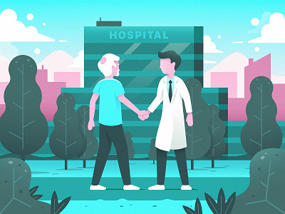 Hospital Scene clouds doctor dr elderly handshake hospital illustration man medical medicare trees