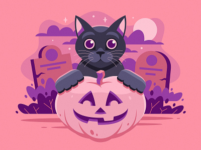 Halloween Kitty bushes cat cemetery grave halloween headstone illustration kitty pumpkin spooky