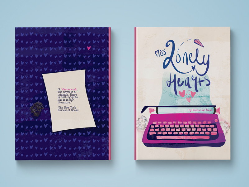 Miss Lonelyhearts Book Re-Design pattern design hearts pattern watercolor flat cover book design miss lonelyhearts illustration vector hand rendered typography