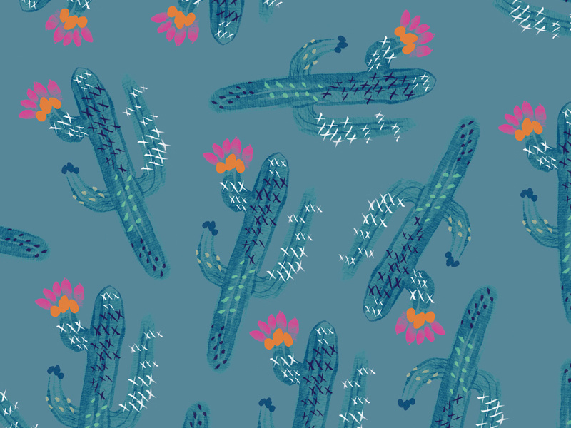 Blue Cacti flowers cacti cactus drawing hand rendered digital watercolor design textile pattern illustration