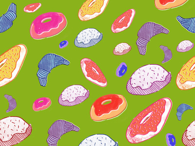 Baked goods swatch flatdesign illustration print watercolor swatches surface pattern design surface design pink pattern pastel motif gouache flat doughnut donut bread dessert colorful color baked goods