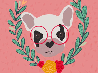Frenchie milwaukee cute quirky glasses procreate art procreate app digital colorful botanical floral pet portrait pet dog bulldog french bulldog frenchie illustration