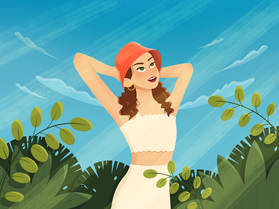 Girl in the sun girl grass green illustration sky summer sun