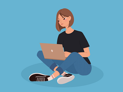 Girl with laptop blue character girl illustration laptop work