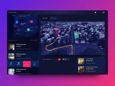 Explore Neighborhood 3d dark dashboard design gif interaction list map rent ui ux web