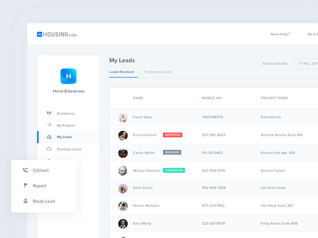 My Leads page by Harsh Vijay for Housing on Dribbble