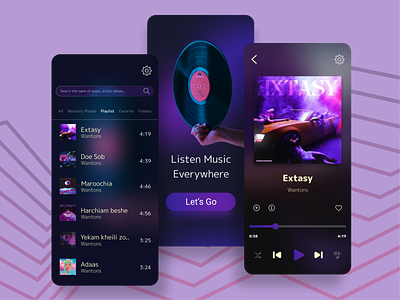 Music Player 3d application blue concept dark dark mode design graphic design landing page landingpage mobile app music music player musicplayer neon purple ui ui design ux ux design