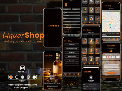 Online Liquor Delivery App adobe xd app black and orange branding dark mode delivery app design graphic design logo ui xd
