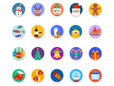 Christmas Icons calendar candy christmas decoration christmas icons christmas tree colored icons cookies flat icon design flat icons gingerbread man icon icons pack icons set mittens present sandal snowglobe snowman wine wine glass
