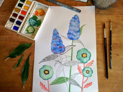 Butterfly bush and wild flowers floral gouache handdrawn watercolor