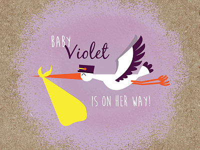 Violet's Baby Shower baby shower bird girl illustration invitation kraft print purple stork typography violet wood grain