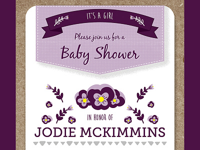 Violet's Baby Shower (Front) baby shower flowers girl illustration invitation kraft print purple typography violet wood grain
