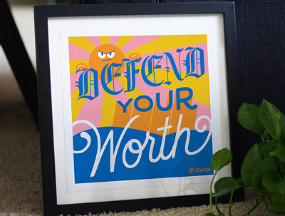 Defend Your Worth! art print blackletter lettering mock up mockup script sun