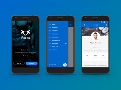 Forca App android body stats client exercise interaction design nutrition personal trainer progress supplement user experience user interface workout