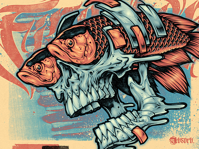 FISHEYES art print fish fishing grit halftones illustration retro skull texture