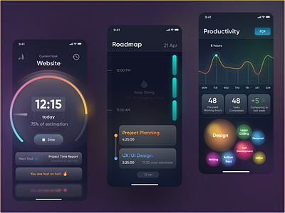 Gamification based time tracker & productivity measurement. app charts colors dark design movadex productivity time todo tracker ui