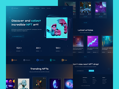 NFT Studio Landing Page blockchain branding design design team graphic design illustration landing marketplace movadex nft studio trading ui