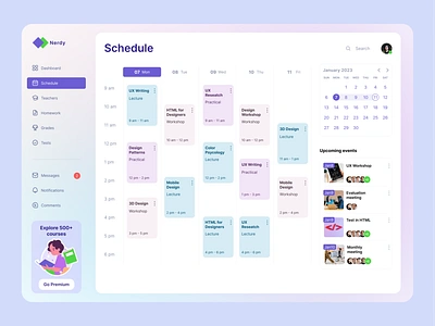 Nerdy, the Learning Management System dashboard app branding calendar design design team graphic design movadex online planning profile study tasks ui