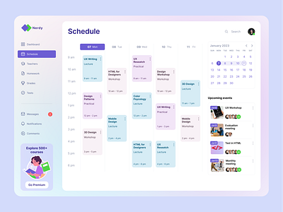 Nerdy, the Learning Management System dashboard app branding calendar design design team graphic design movadex online planning profile study tasks ui