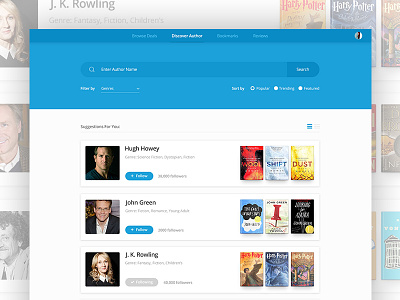 Discover Authors author book card discover filter flat follow list search sort ui ux
