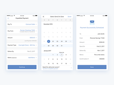 Bill Pay - Make a Payment bank banking calendar finance fintech ios mobile mobile banking payment success time picker ux