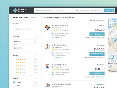 Provider Search Results doctor filter health care list map page provider schedule search result ui ux