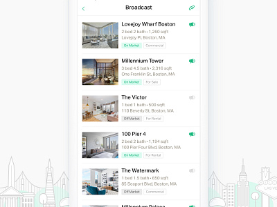 Broadcast Listings agent app broadcast city illustration illustration list listing mobile property real estate ui ux