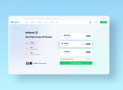 Testbook Pass Web Design branding clean design exam glassmorphism landing screen marketting subscription ui ui design ux web web design