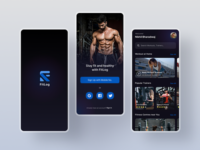FitLog(Fitness App) app design black theme branding dark theme fitness app graphic design health app log in logo product design search sign up ui ui design ux