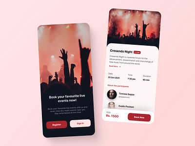 Live Music Events Booking App app app design design event booking app events light theme music product design red shows two screens ui ui design uiux ux visual design white theme