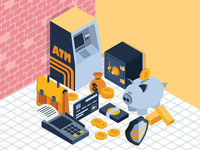 Isometric piggy bank atm bank banking illustration isometric money piggy vector