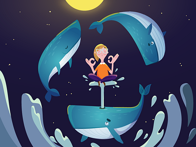 Oana and the whales childhood fear illustration moonlight vector whale