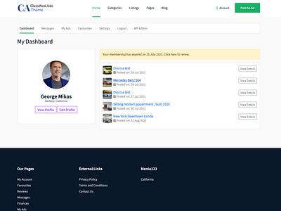 User dashboard in classifieds theme