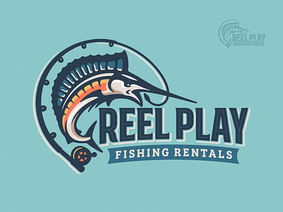 Reel Play Fishing Logo boat brand branding cast fish fishing illustration logo marlin ocean pole reel rentals rod sea shark sport sporting swordfish water
