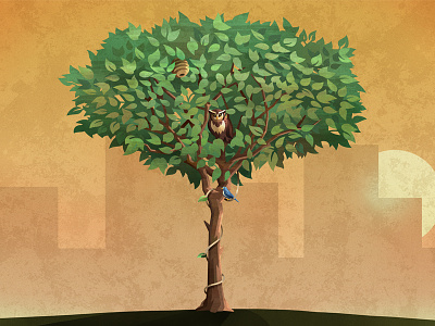 Tree Illustration bee bird city hive illustration owl sunset tree