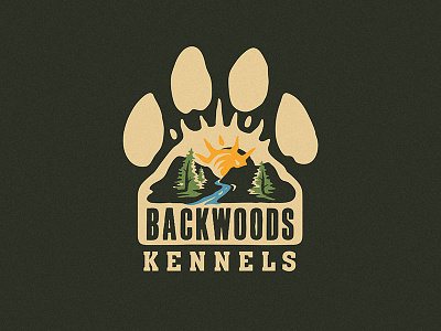Backwoods Kennels Logo dog mountain paw river scene shelter sun trees woods