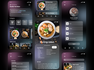 Foodie App dark dark app dark mode glass morphism graphic design mobile app recipe ui uiux
