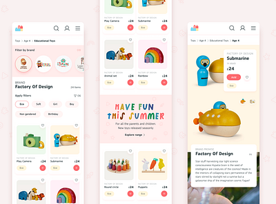 Toy App Design Challenge app branding design e commerce fun illustration pink shop toy typography ui