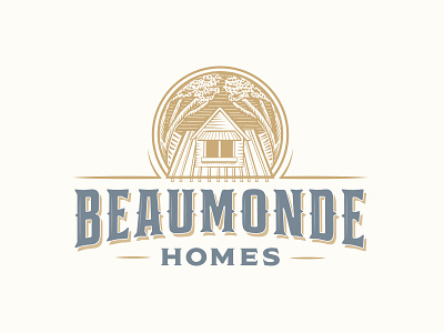 Beaumonde Homes Logo antique brand emblem engraved home home builder logo rustic vintage wood block