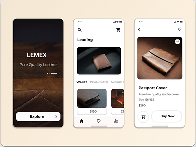 Leather Wallet App appdesign dailyui figma homepage iosapp iosappdesign leatherwalletapp onboardingpage productpage prototyping ui uidesign uiux ux wireframing xd