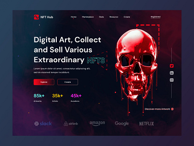 NFT Marketplace Landing Page art artwork colorful crypto cryptocurrency darkmode exploration graphic design header homepage landing page marketplace nft skull token ui uiux wallet web design web site