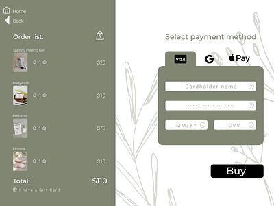 Daily UI: Credit Card Checkout cart cosmetic credit card dailyui green nature order page shop ui