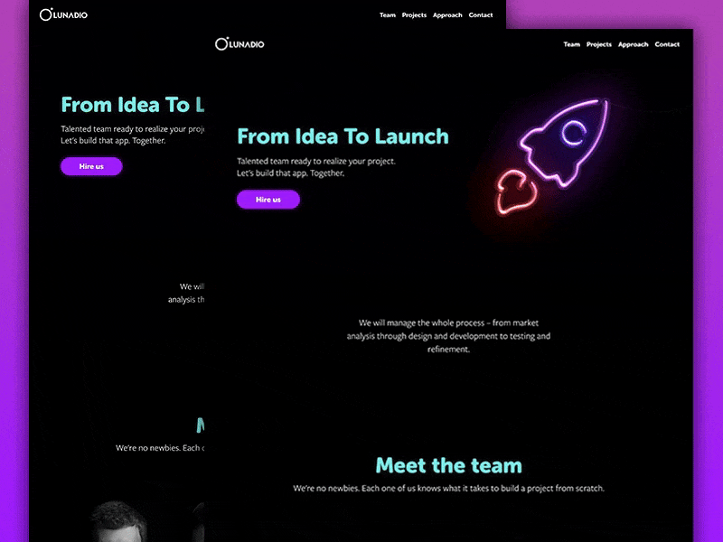 From Idea To Launch – We are live! dark gradient lunadio neon rocket studio web website