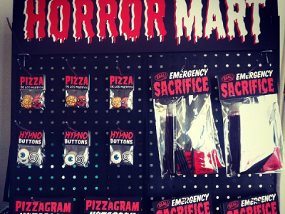 Horror Mart buttons eyeball pizzagram skull